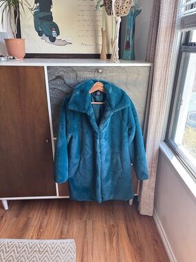 Christian Siriano Teal Faux Fur Teddy Coat